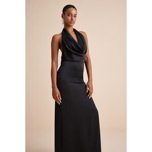Lulus Carmelo Black Satin Halter Neck Backless Maxi Dress - Size S